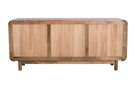 Komoda drewniana mango 180 cm z litego drewna z czterema drzwiczkami w stylu retro PRL mid-century – kolor karmel, BC-01-CR